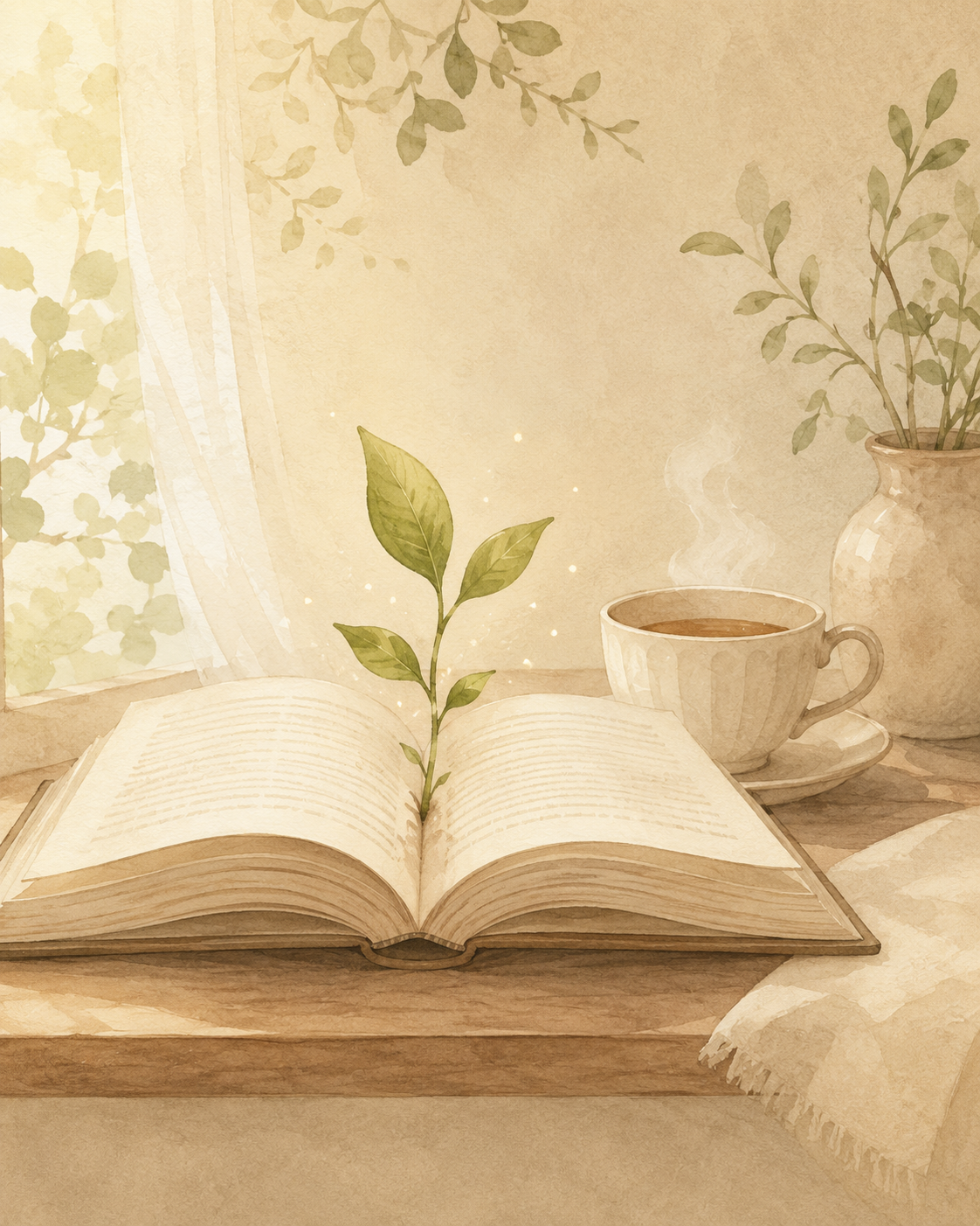 本と植物とカップを描いた読書のイラスト
